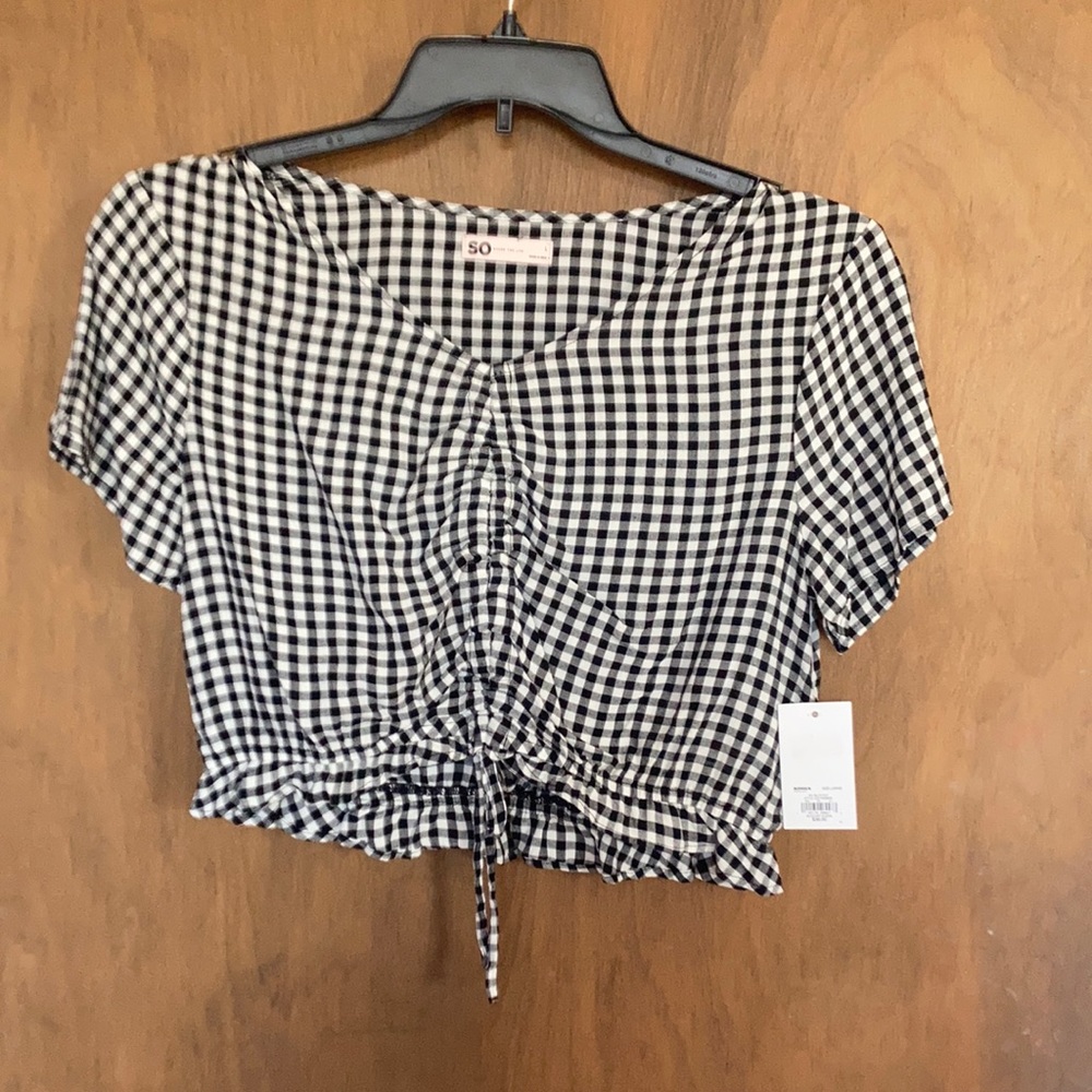 SO boho casual top black white check short sleeve cinch front casual L jr - Picture 4 of 15